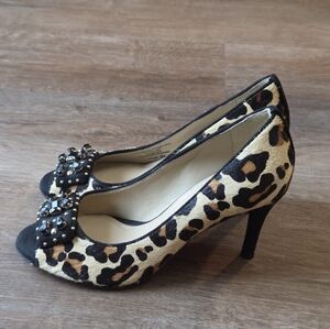 Antonio Melani Peep Toe High Heel Leather Cow/Pony Hair Shoes Leopard Print Sz 6